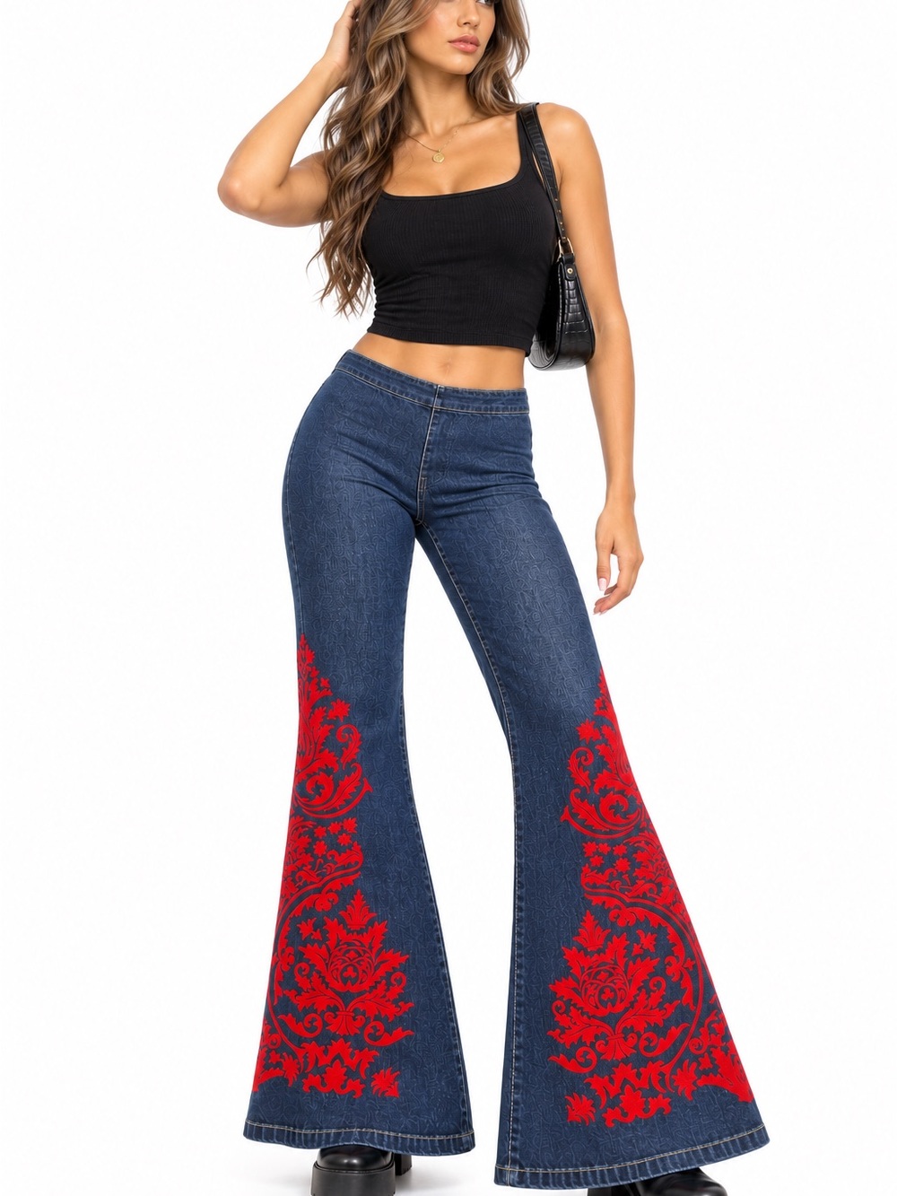 JNCO Dark Blue Bootcut Jeans with Red Floral Panels